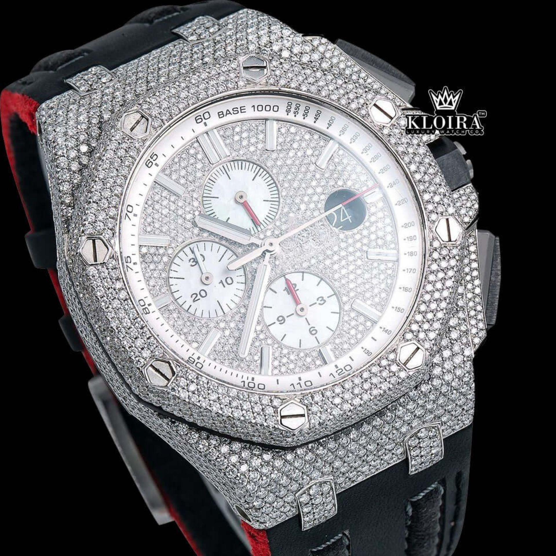 Silver Iced Out Chronograph Black Leather Strap Moissanite Diamond Watch Close Up Dial View
