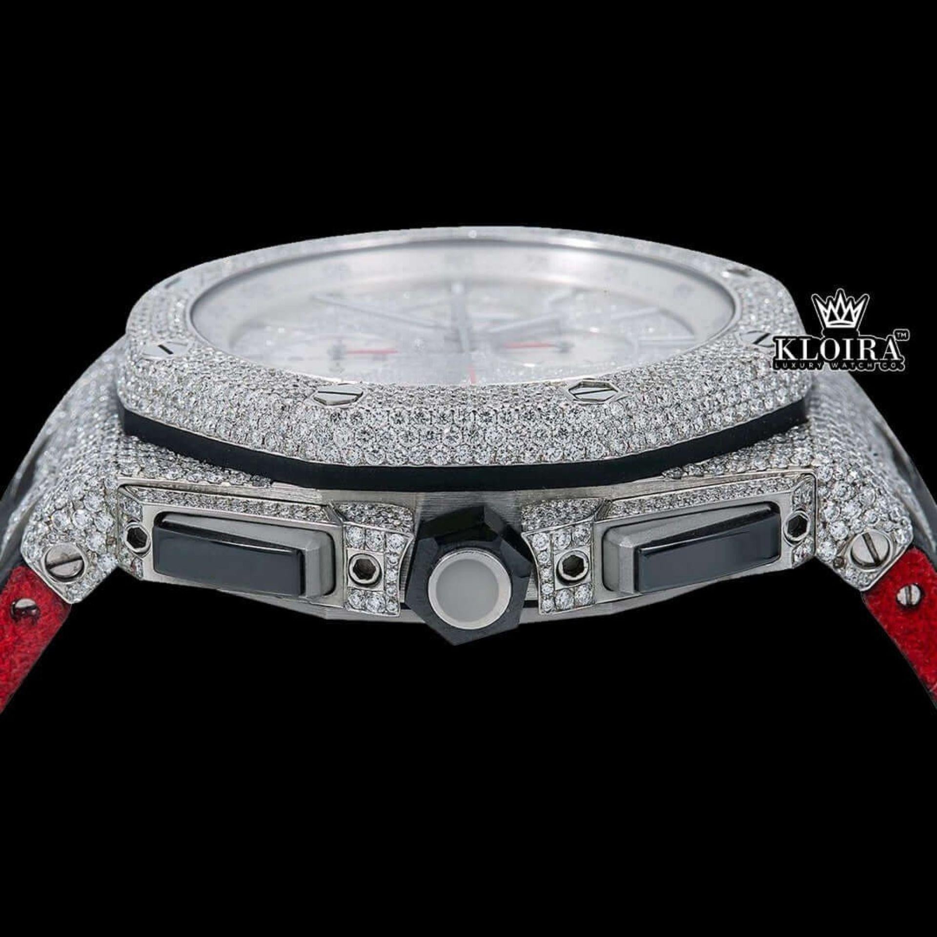 Silver Iced Out Chronograph Black Leather Strap Moissanite Diamond Watch Crown View