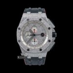 Silver Iced Out Chronograph Black Leather Strap Moissanite Diamond Watch