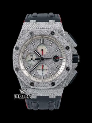 Silver Iced Out Chronograph Black Leather Strap Moissanite Diamond Watch