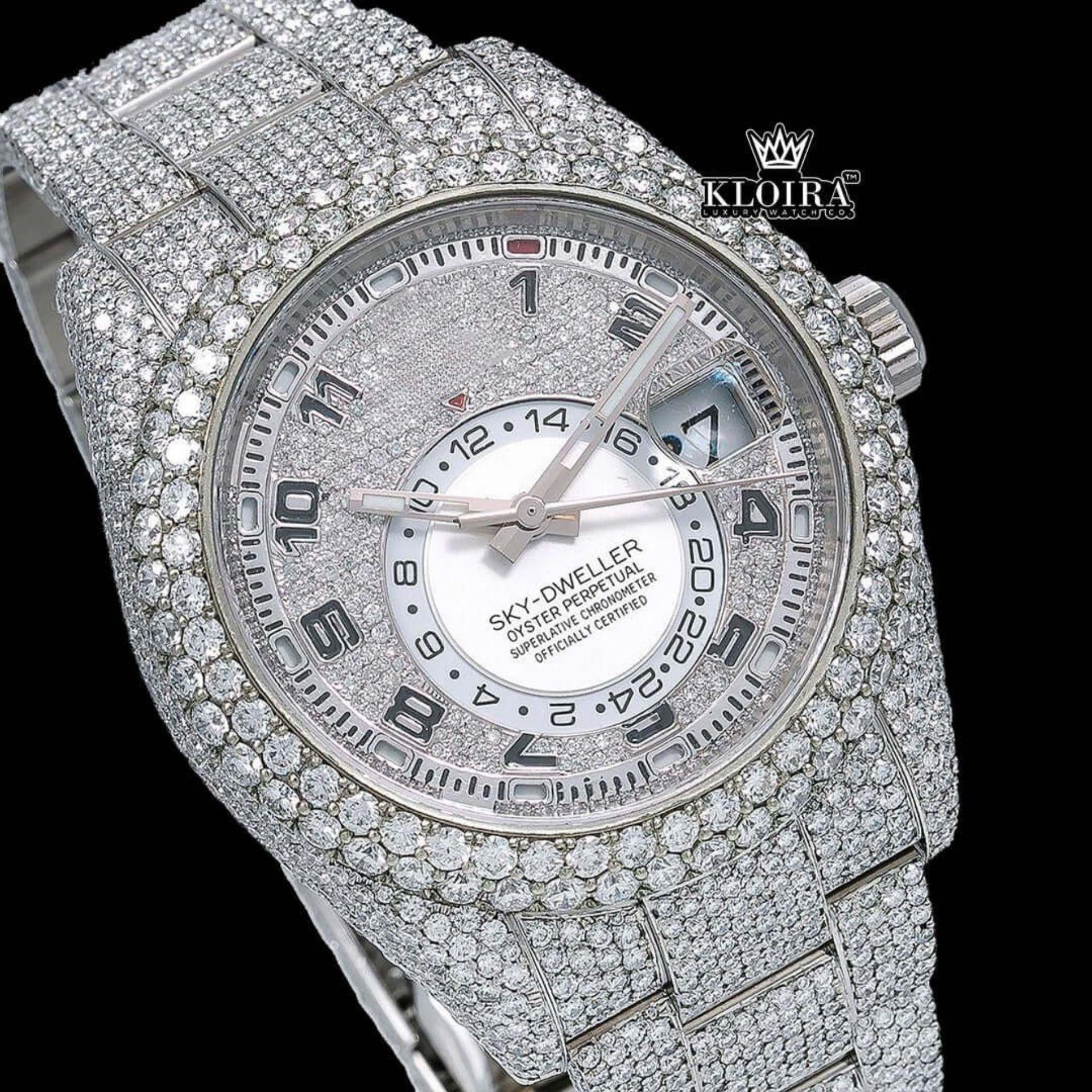 Silver Iced Out Standard Numerals Moissanite Diamond Watch Close Up Dial View