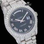 Silver Roman Numerals Black Dial Iced Out Moissanite Diamond Watch Close Up Dial View