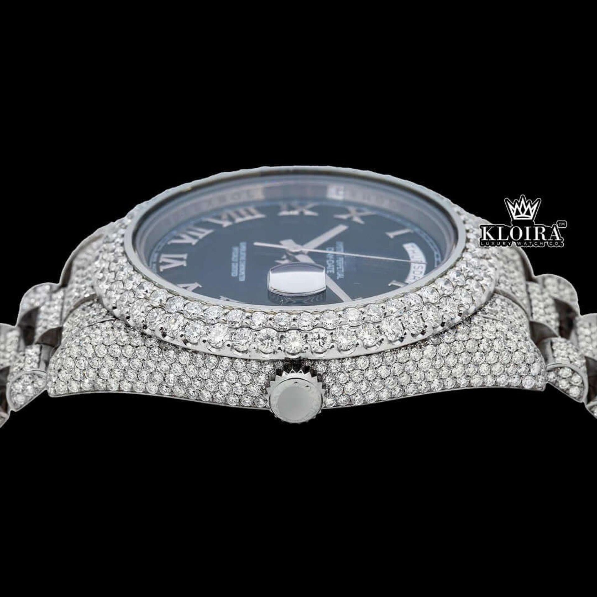 Silver Roman Numerals Black Dial Iced Out Moissanite Diamond Watch Crown View