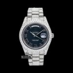 Silver Roman Numerals Black Dial Iced Out Moissanite Diamond Watch