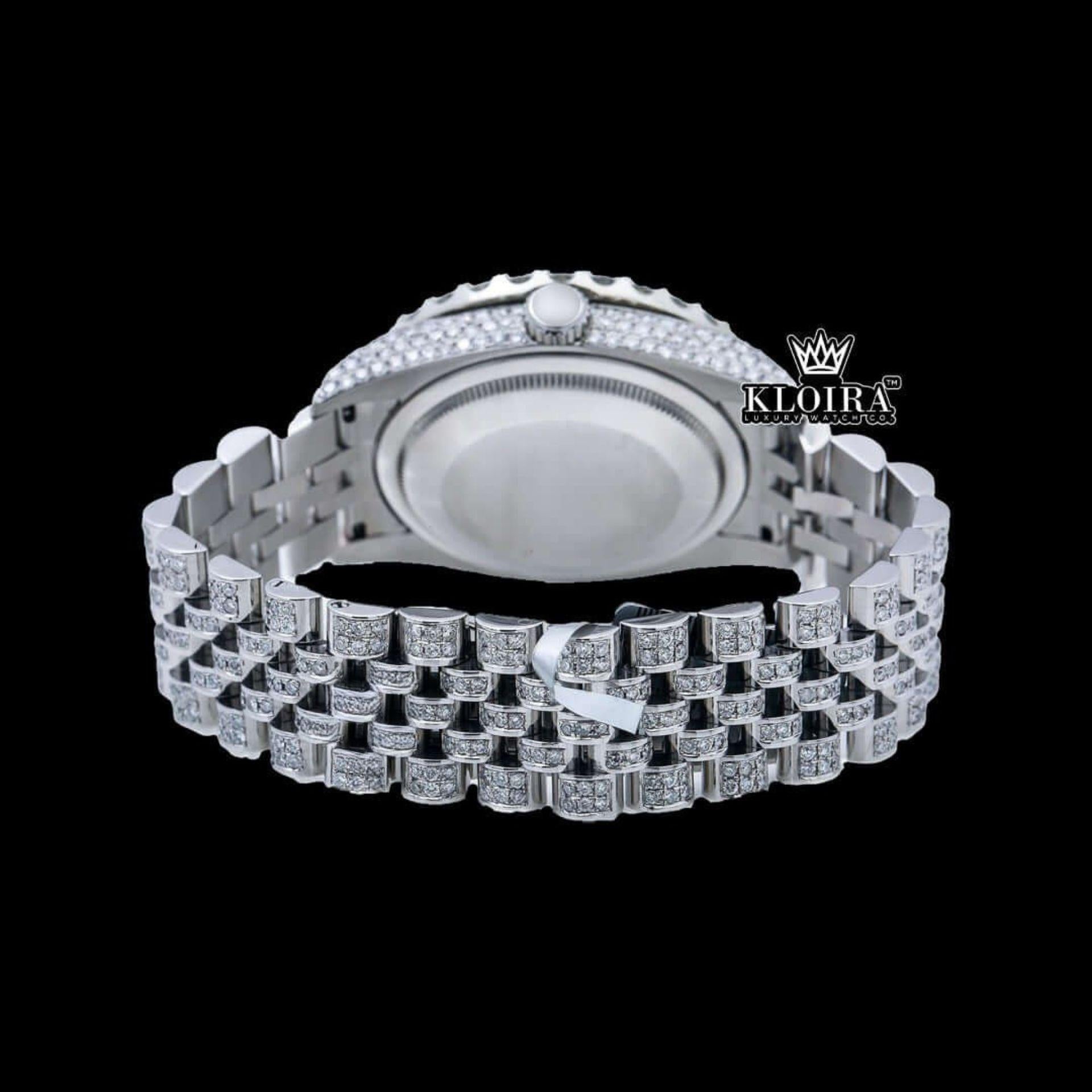 Silver Roman Numerals Black Pearl Dial Moissanite Diamond Watch Caseback View