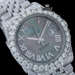 Silver Roman Numerals Black Pearl Dial Moissanite Diamond Watch Close Up Dial View