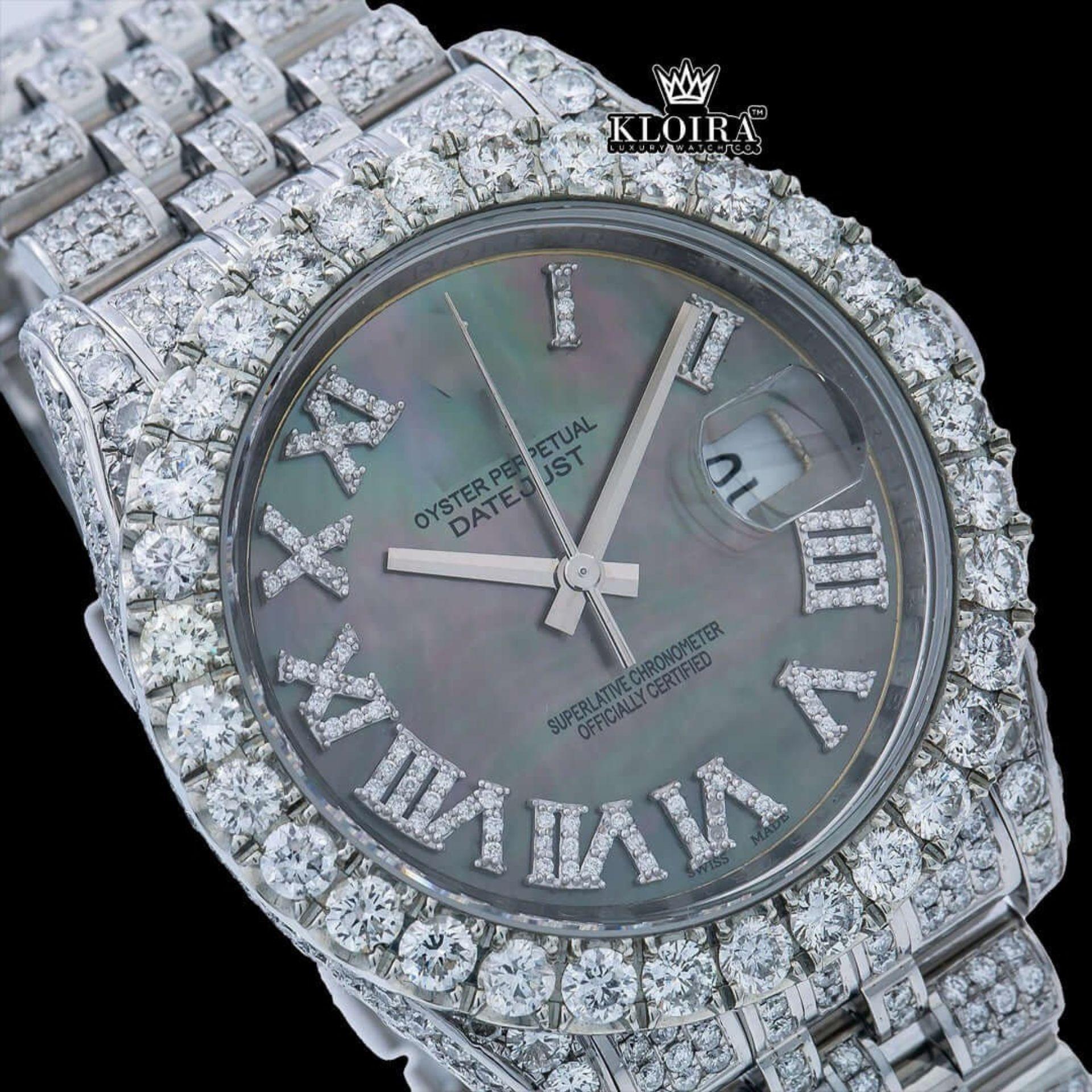 Silver Roman Numerals Black Pearl Dial Moissanite Diamond Watch Close Up Dial View