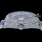 Silver Roman Numerals Black Pearl Dial Moissanite Diamond Watch Crown View