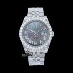 Silver Roman Numerals Black Pearl Dial Moissanite Diamond Watch