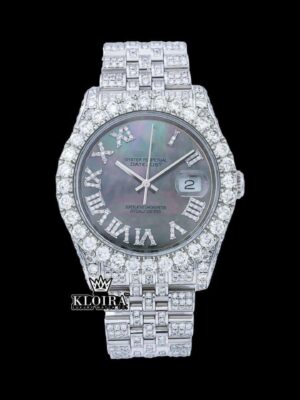 Silver Roman Numerals Black Pearl Dial Moissanite Diamond Watch