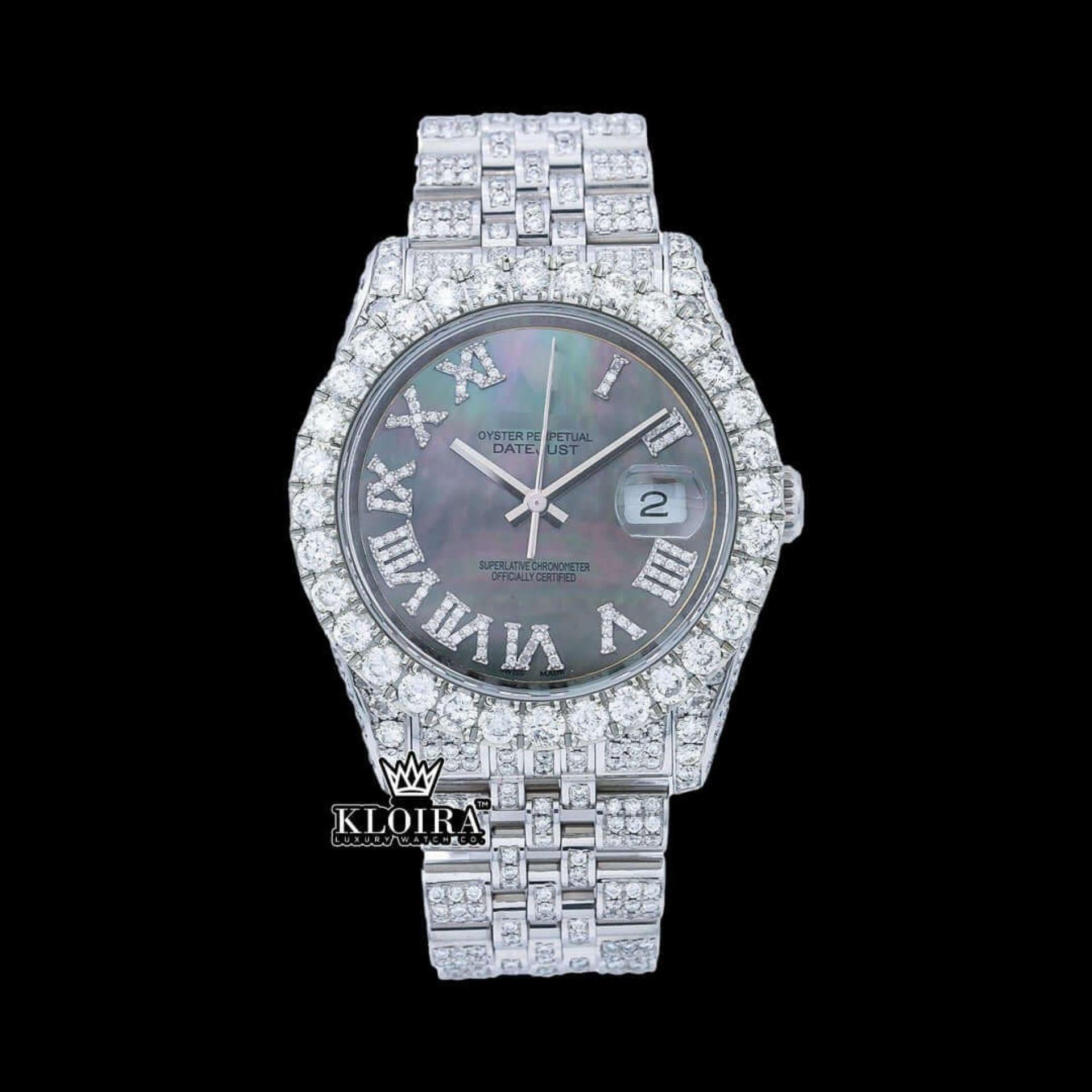 Silver Roman Numerals Black Pearl Dial Moissanite Diamond Watch Front View