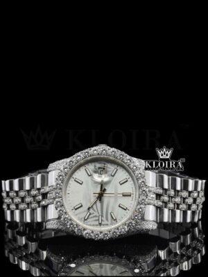 White Gold Diamond Link Strap Stick Markers Dial Moissanite Watch