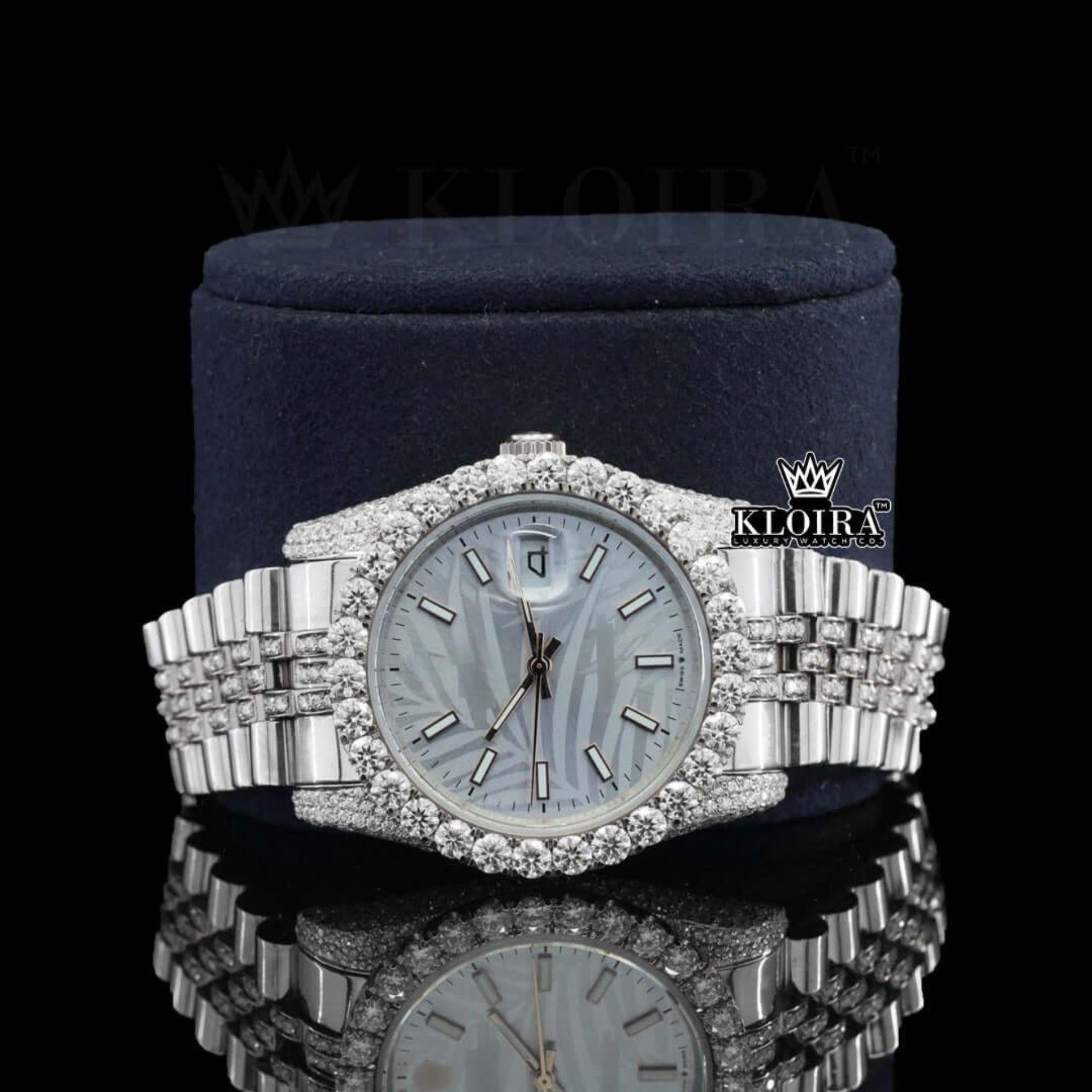 Silver shade Moissanite Diamond Watch 14K Gold VVS 22 Carat 42mm Right Close Up Front View