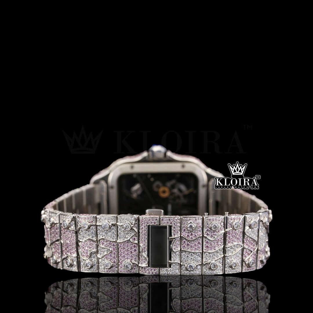 Skeleton Dial Pink Camouflage Iced Out Strap Natural Diamond Watch Caseback View