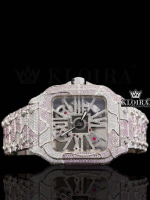 Skeleton Dial Pink Iced Out Two Tone Moissanite Diamond Watch