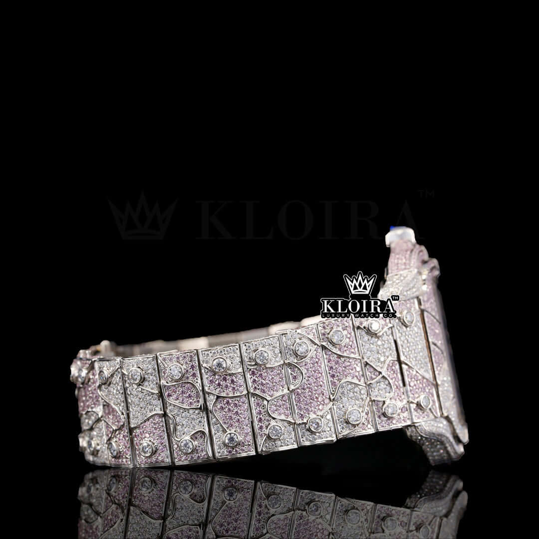 Skeleton Dial Pink Iced Out Two Tone Moissanite Diamond Watch Right Side View
