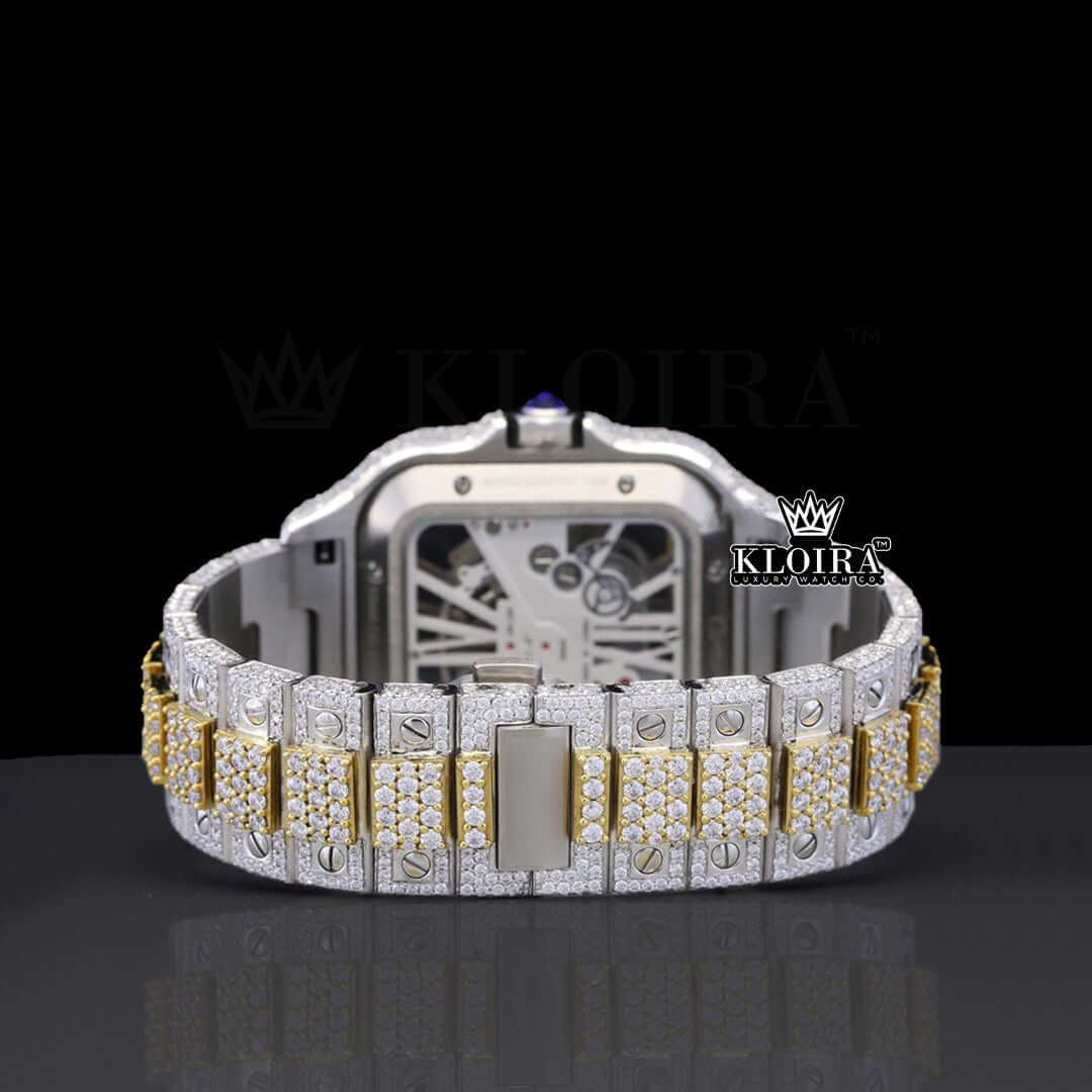 Skeleton Dial Two Tone Yellow Gold Block Link Strap Lab-Grown Diamond Watch Caseback View