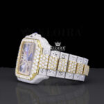 Skeleton Dial Two Tone Yellow Gold Block Link Strap Lab-Grown Diamond Watch Left Profile View