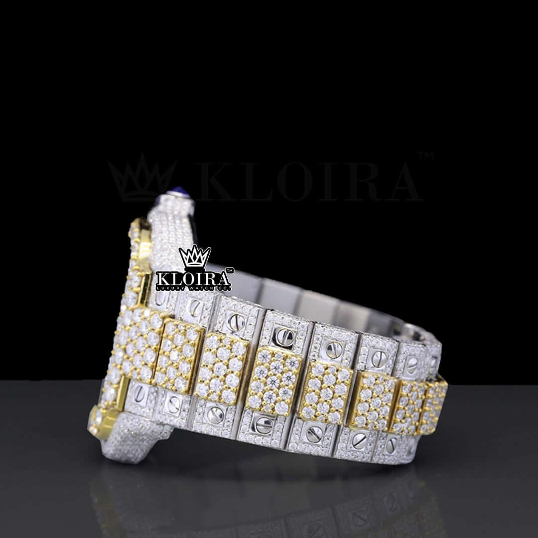 Skeleton Dial Two Tone Yellow Gold Block Link Strap Lab-Grown Diamond Watch Left Side View