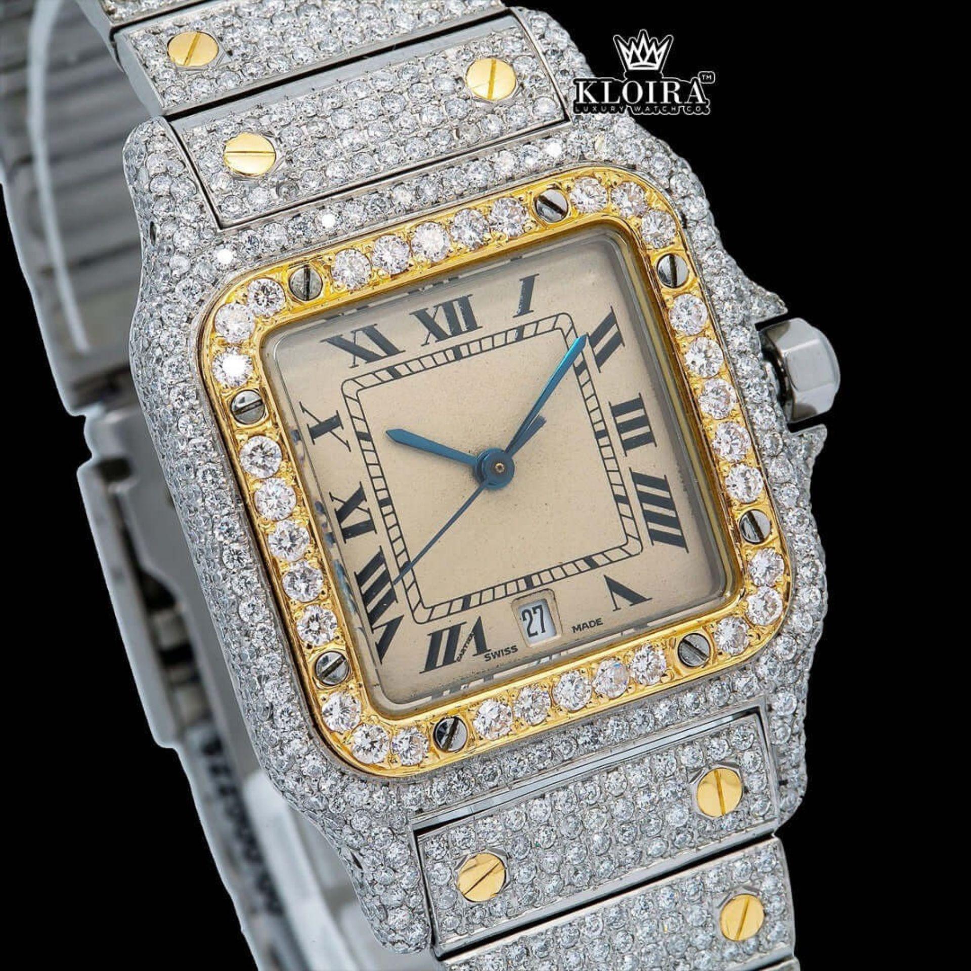 Square Dial Black Roman Numerals Two Tone Moissanite Watch Close Up Dial View