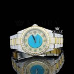Standard Numerals Blue Dial Date Display Two Tone Iced Out Moissanite Watch