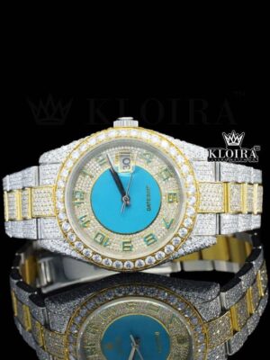 Standard Numerals Blue Dial Date Display Two Tone Iced Out Moissanite Watch