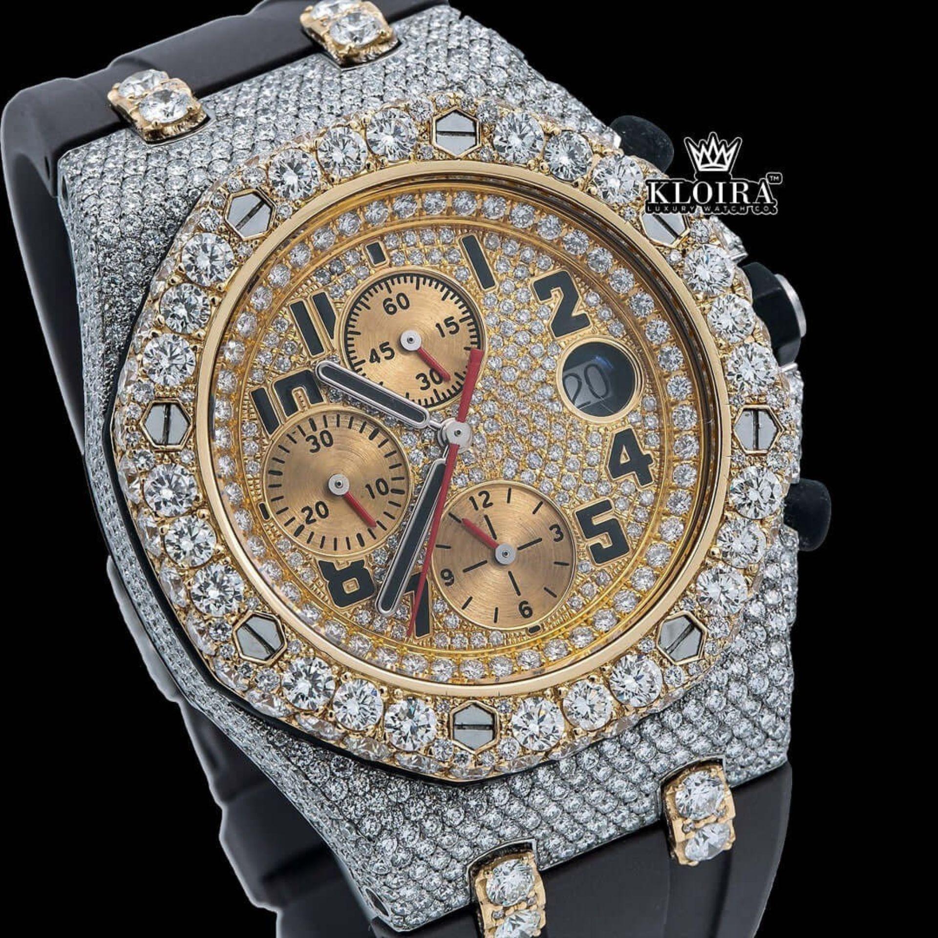 Standard Numerals Chronograph Dial Semi Iced Out Rubber Strap Moissanite Watch Close Up Dial View