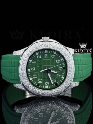 Standard Numerals Green Dial Semi Iced Out Rubber Strap Moissanite Watch