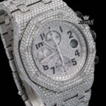Standard Numerals Silver Chronograph Iced Out Moissanite Diamond Watch Close Up Dial View