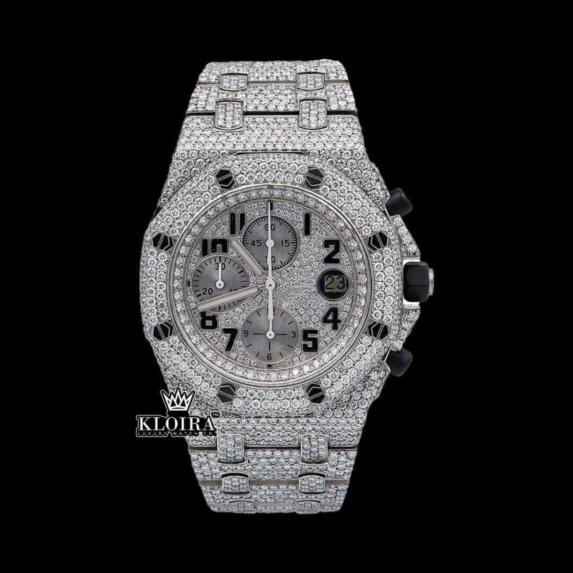 Standard Numerals Silver Chronograph Iced Out Moissanite Diamond Watch Front View