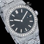 Stick Markers Black DIal AP Full Iced Out Moissanite Watch Close Up Dial View