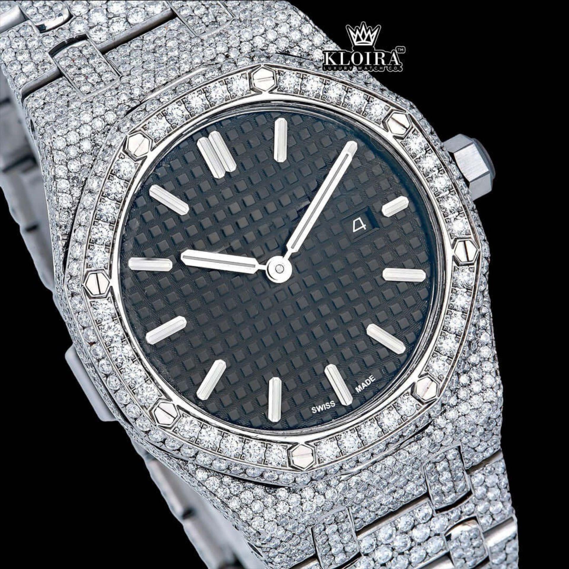 Stick Markers Black DIal AP Full Iced Out Moissanite Watch Close Up Dial View