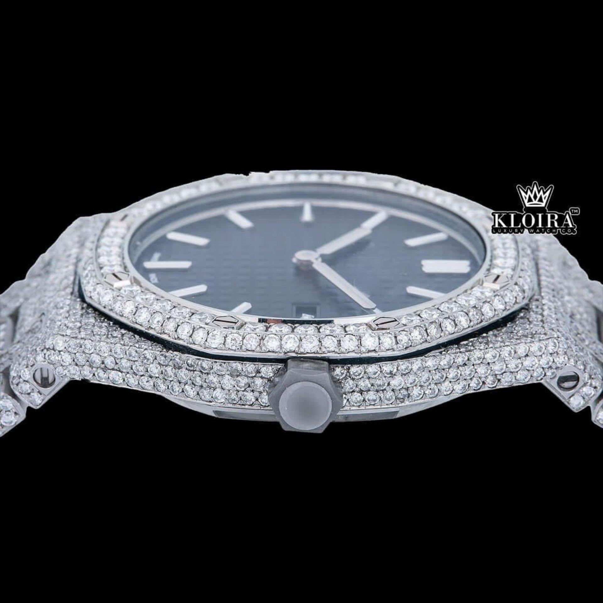 Stick Markers Black DIal AP Full Iced Out Moissanite Watch Crown View