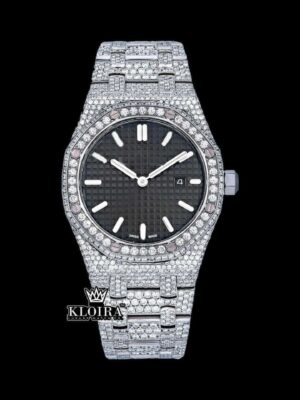 Stick Markers Black Dial AP Full Iced Out Moissanite Watch