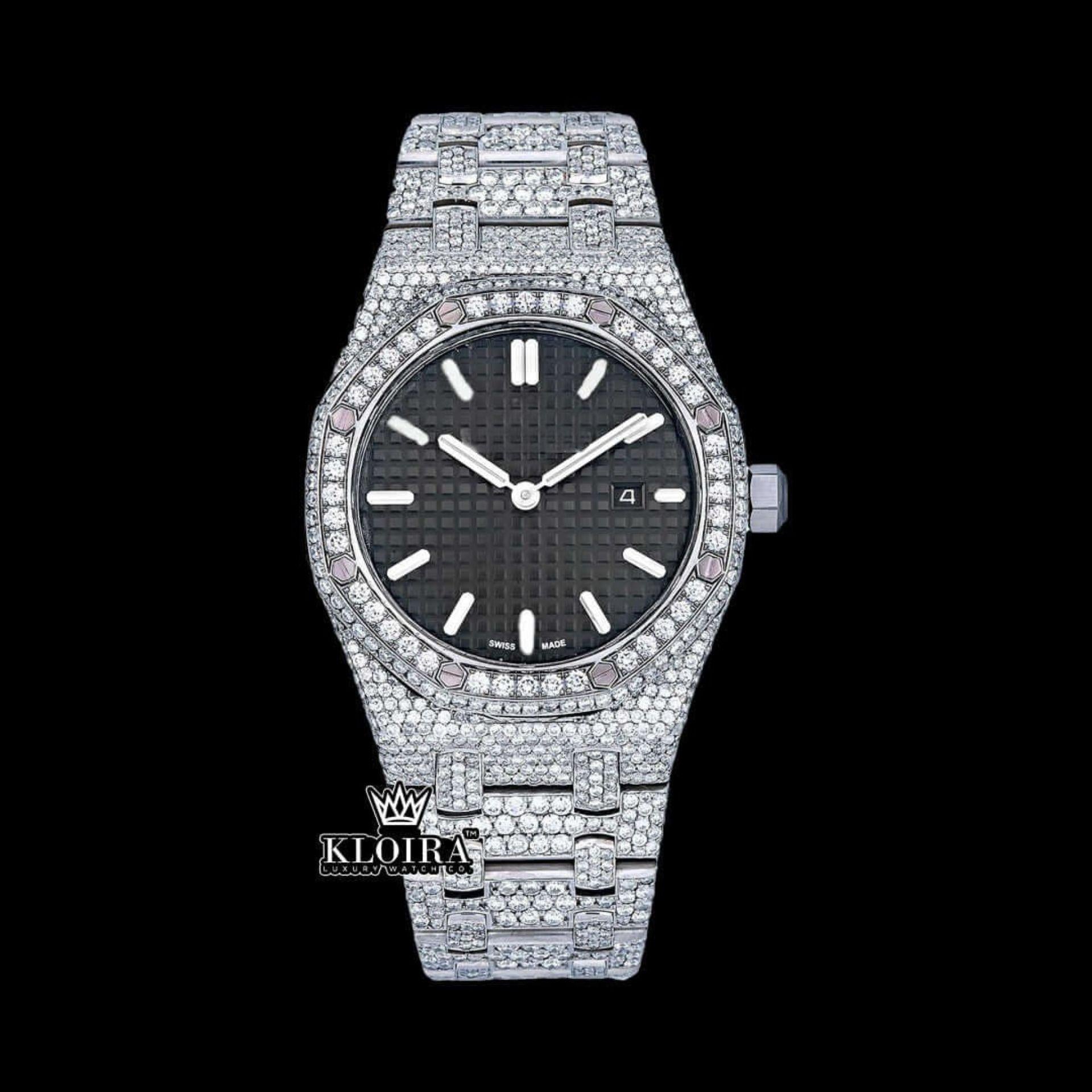 Stick Markers Black DIal AP Full Iced Out Moissanite Watch Front View