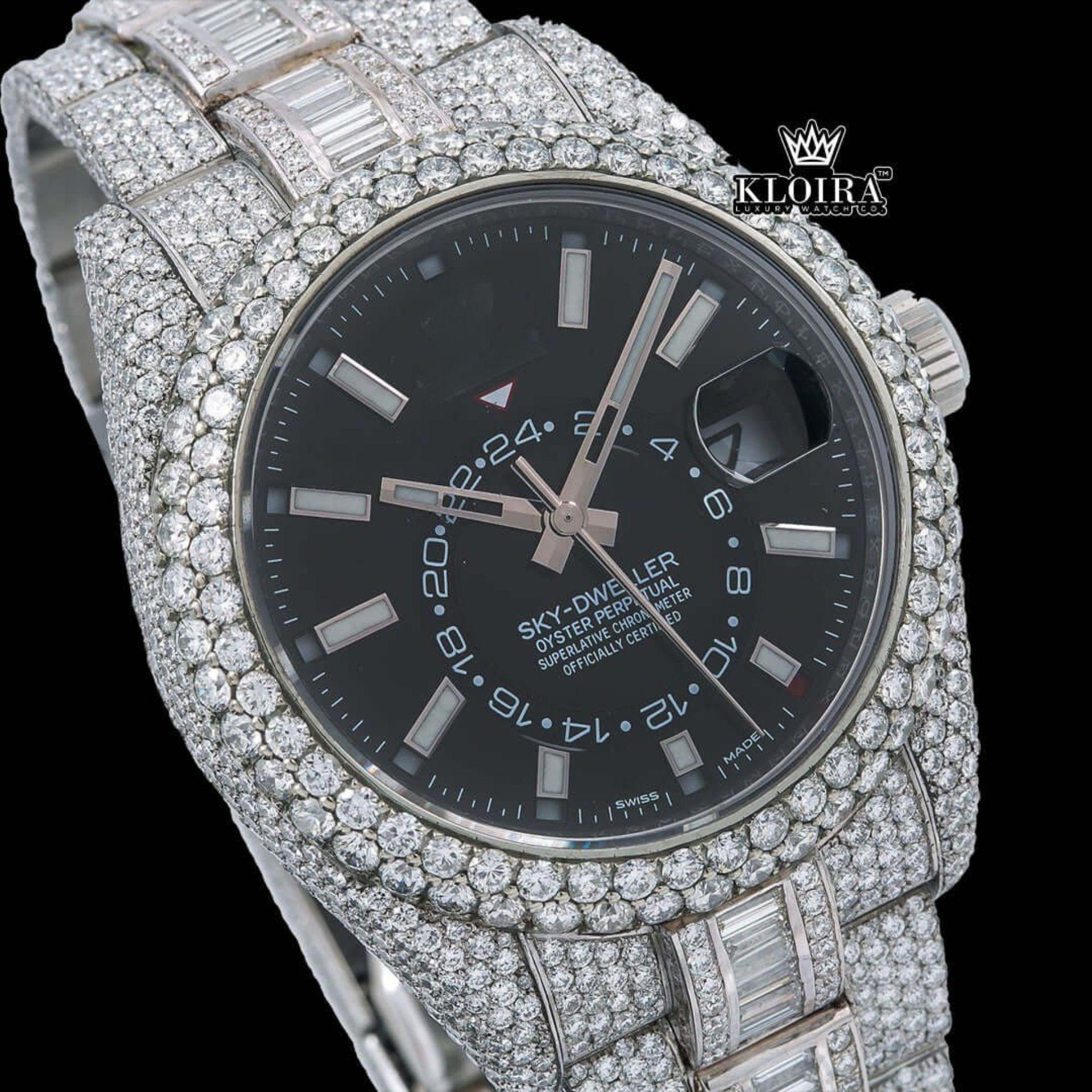 Stick Markers Black Dial Dual Time Fully Iced Out Moissanite Diamond Watch Close Up Dial View