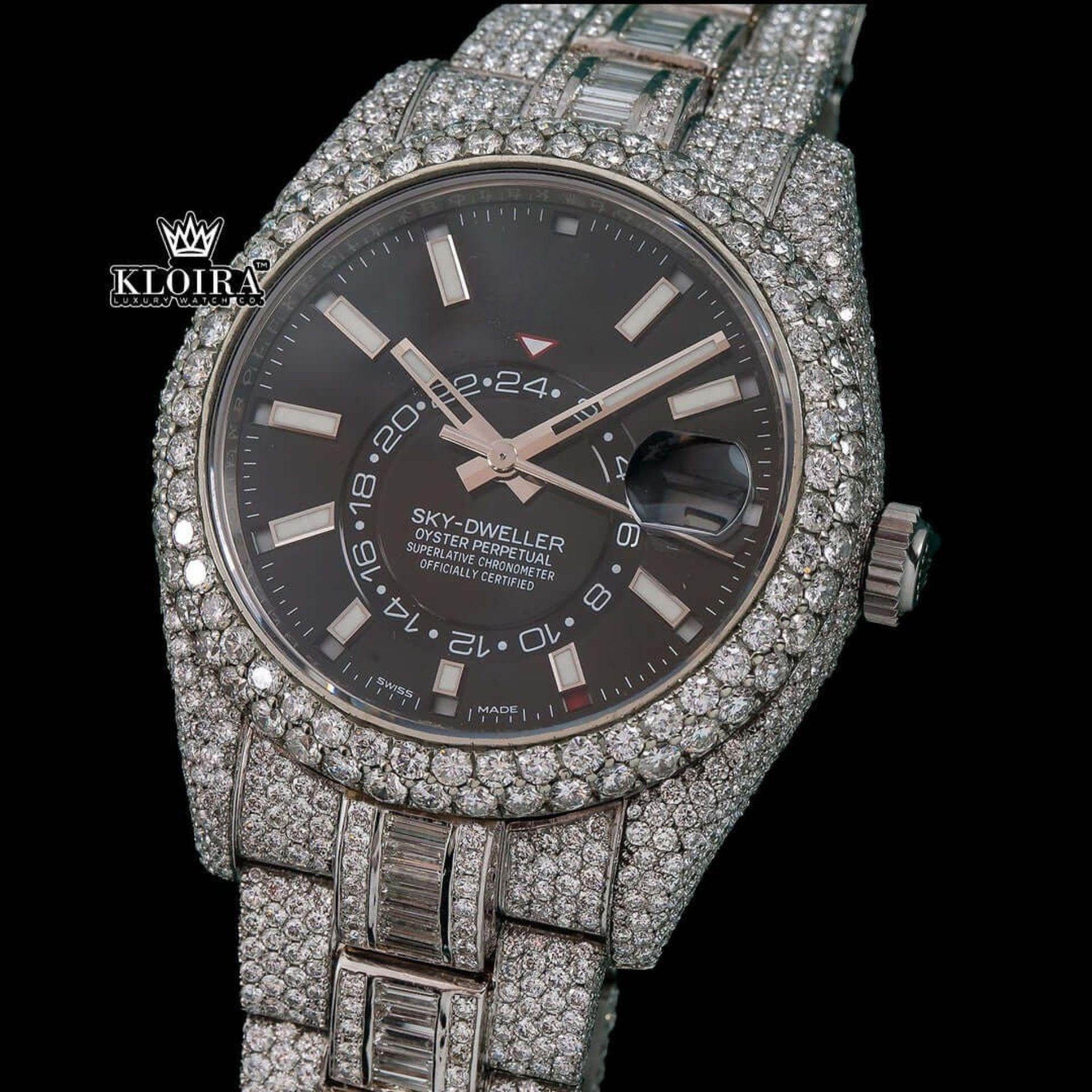 Stick Markers Black Dial Dual Time Fully Iced Out Moissanite Diamond Watch Close Up Front View