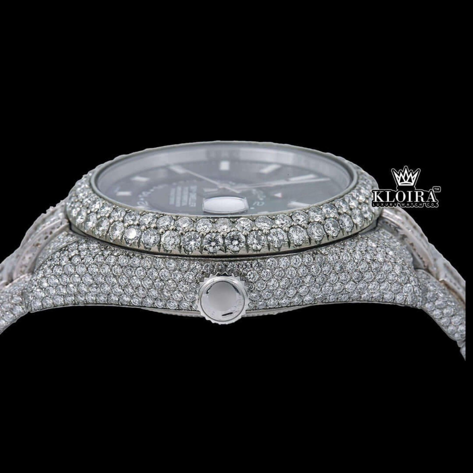 Stick Markers Black Dial Dual Time Fully Iced Out Moissanite Diamond Watch Crown View