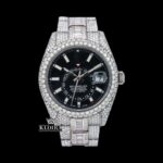 Stick Markers Black Dial Dual Time Fully Iced Out Moissanite Diamond Watch