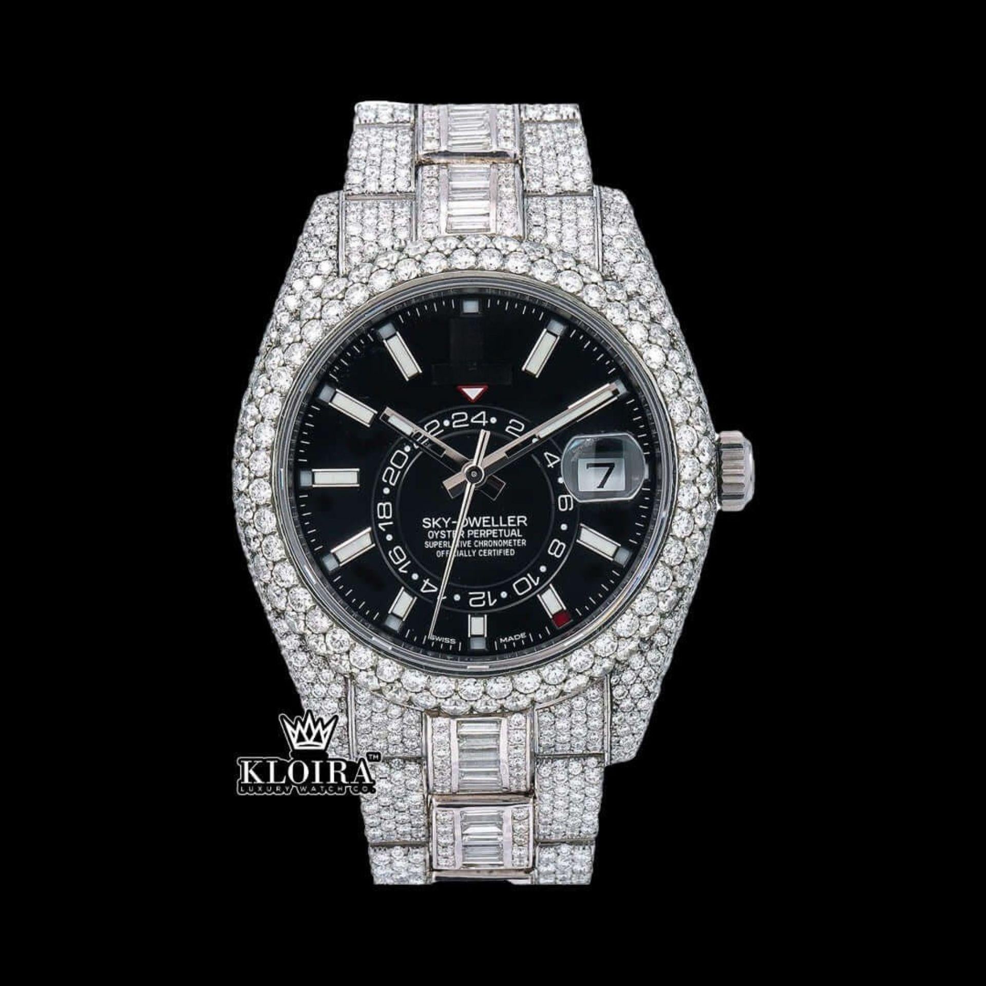 Stick Markers Black Dial Dual Time Fully Iced Out Moissanite Diamond Watch Front View