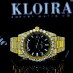 Stick Markers Black Dial Fully Iced Out Yellow Gold Moissanite Watch