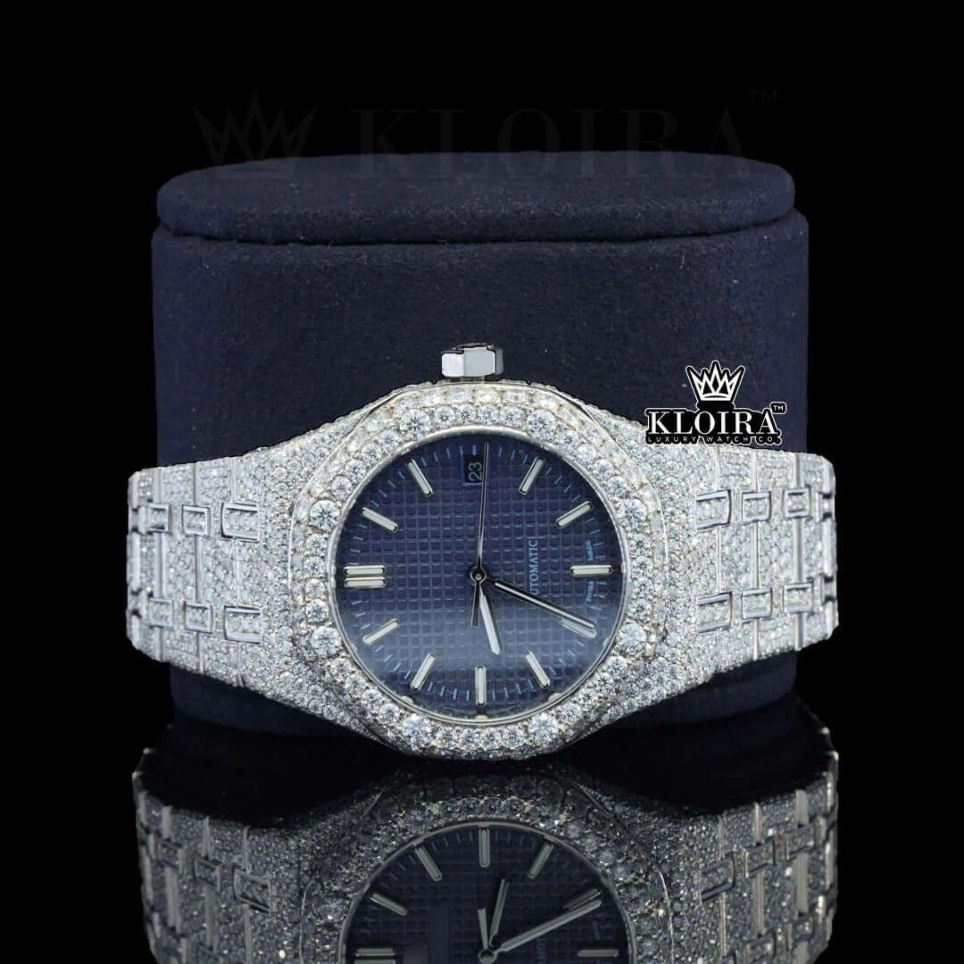 Stick Markers Blue Dial Full Iced Out Moissanite Watch Close Up Front View