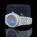 Stick Markers Blue Dial Full Iced Out Moissanite Watch Laft Profile View