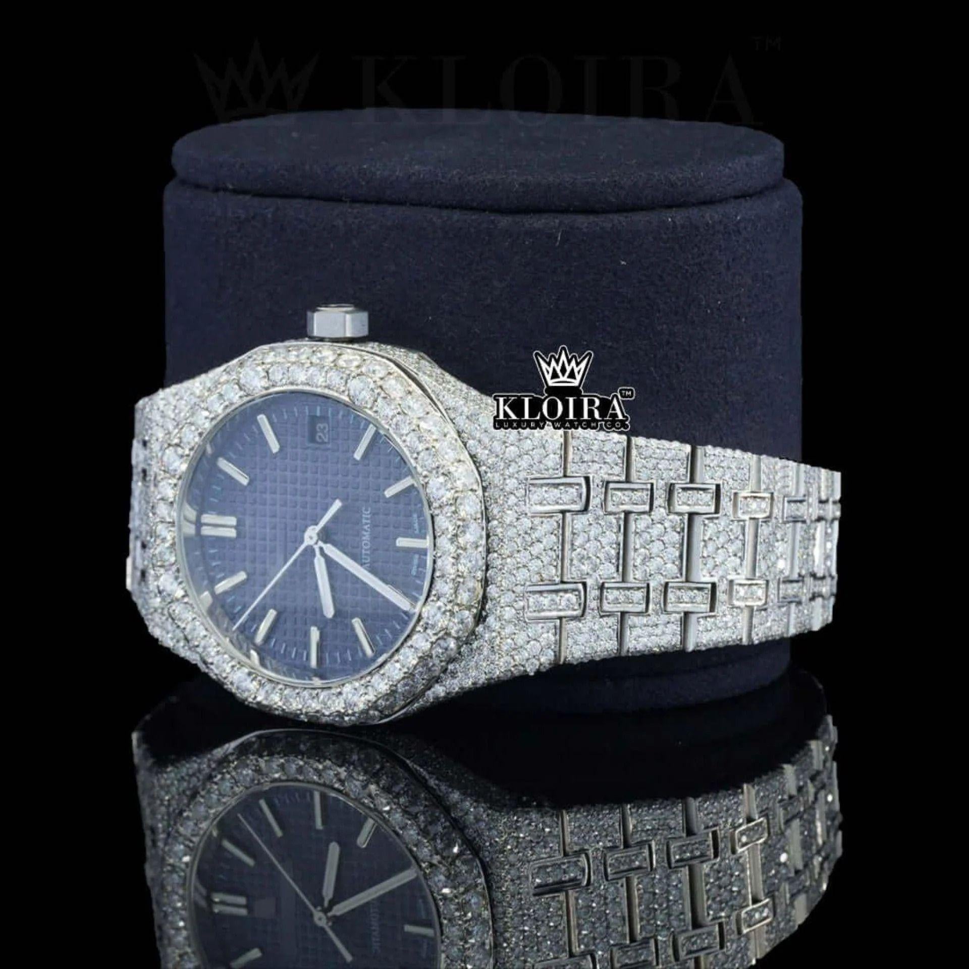 Stick Markers Blue Dial Full Iced Out Moissanite Watch Laft Profile View
