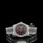 Stick Markers Brown Dial Two Tone Rose Gold Moissanite Watch