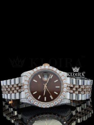 Stick Markers Brown Dial Two Tone Rose Gold Moissanite Watch