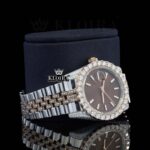Stick Markers Brown Dial Two Tone Rose Gold Moissanite Watch Right Profile View