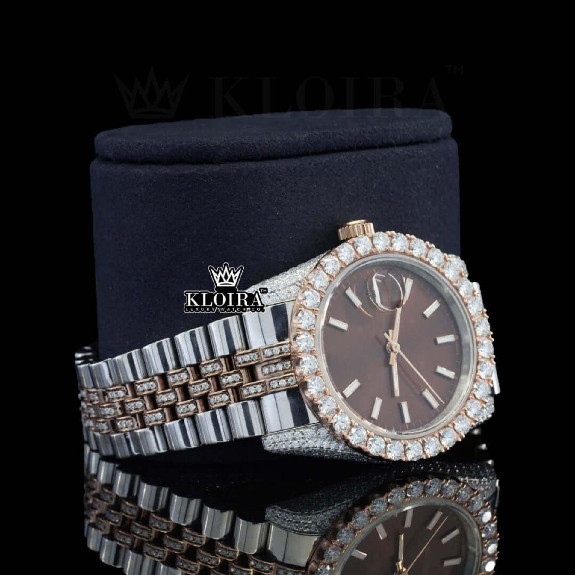 Stick Markers Brown Dial Two Tone Rose Gold Moissanite Watch Right Profile View