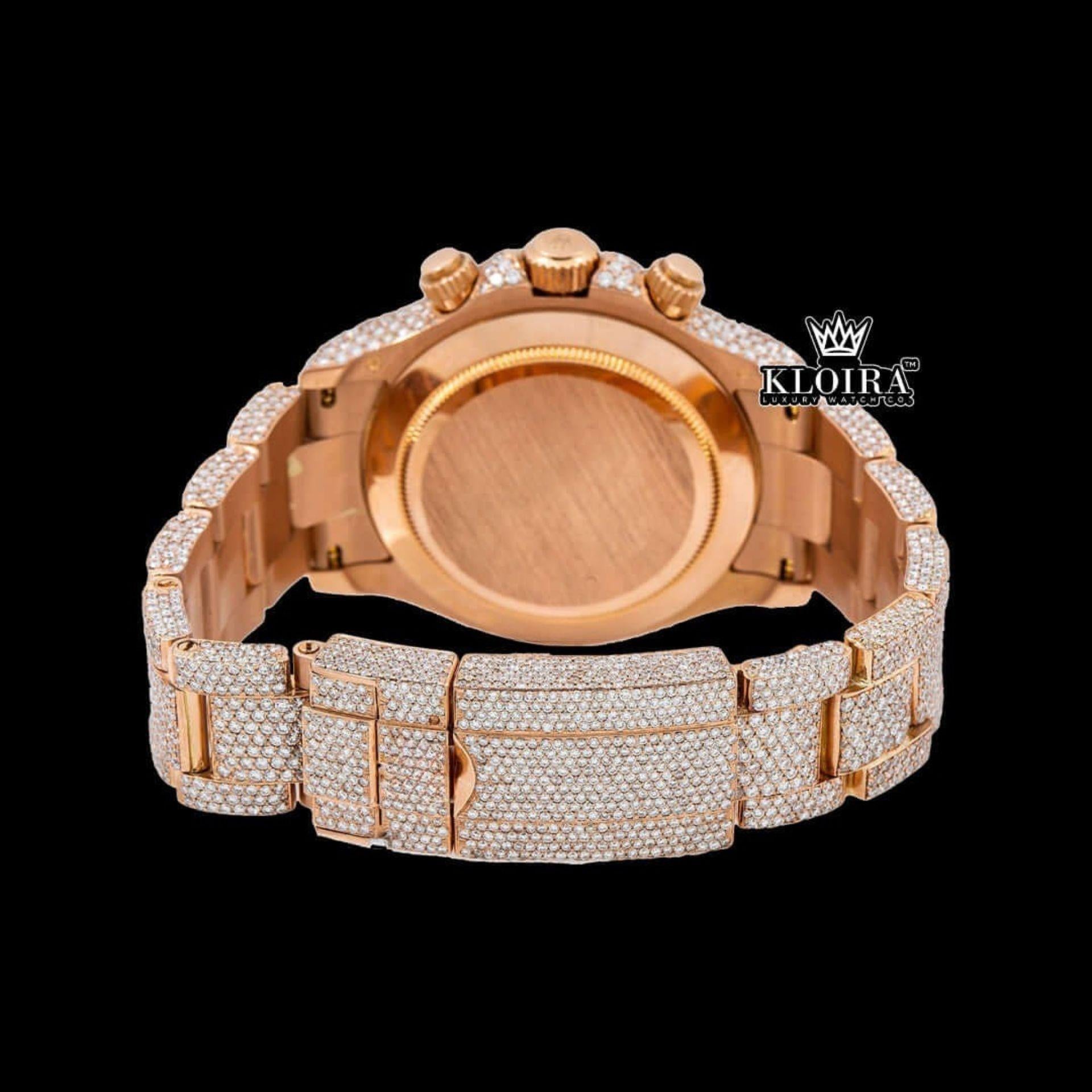 Stick Markers Chronograph Dial Rose Gold Fully Iced Out Moissanite Watch Caseback View
