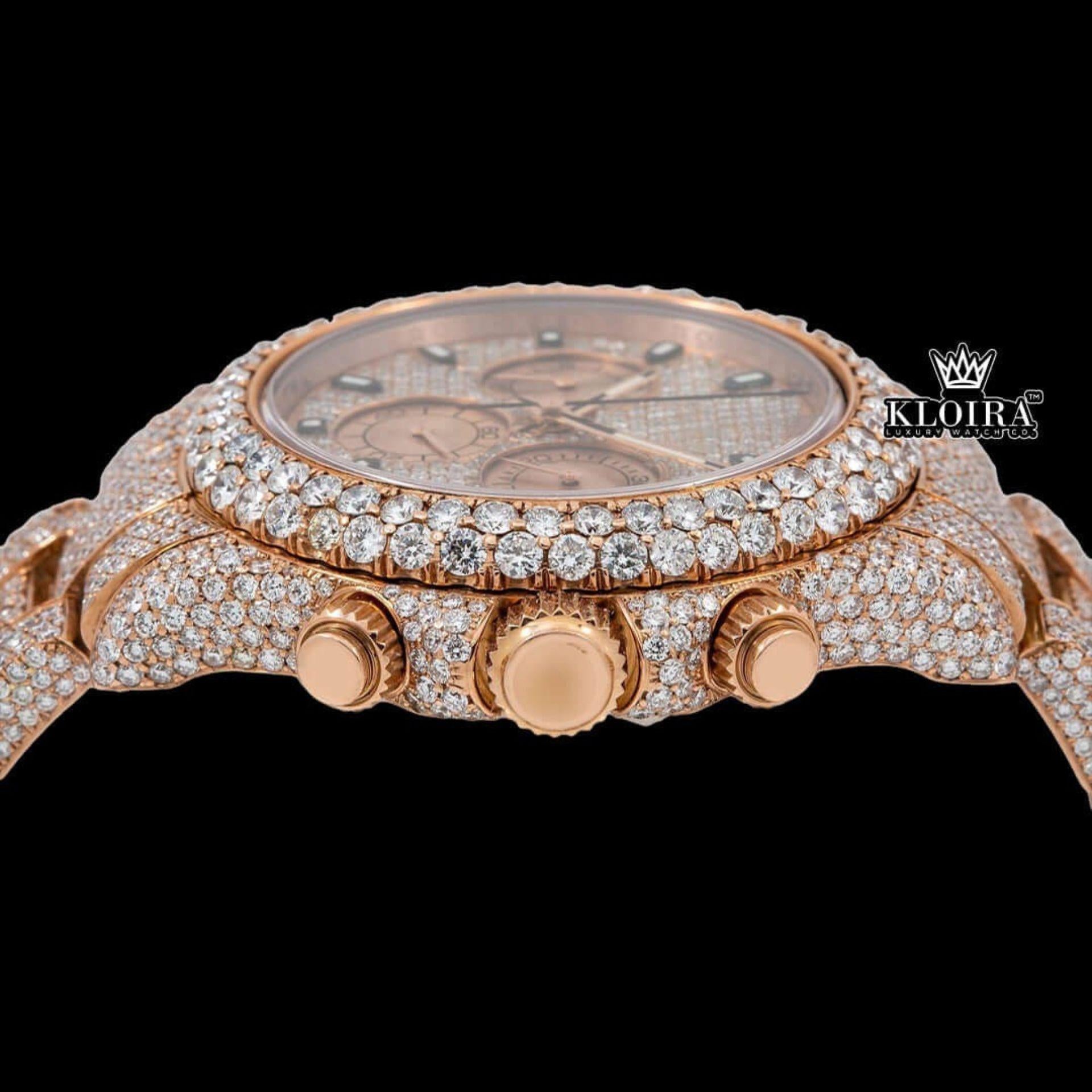 Stick Markers Chronograph Dial Rose Gold Fully Iced Out Moissanite Watch Crown View
